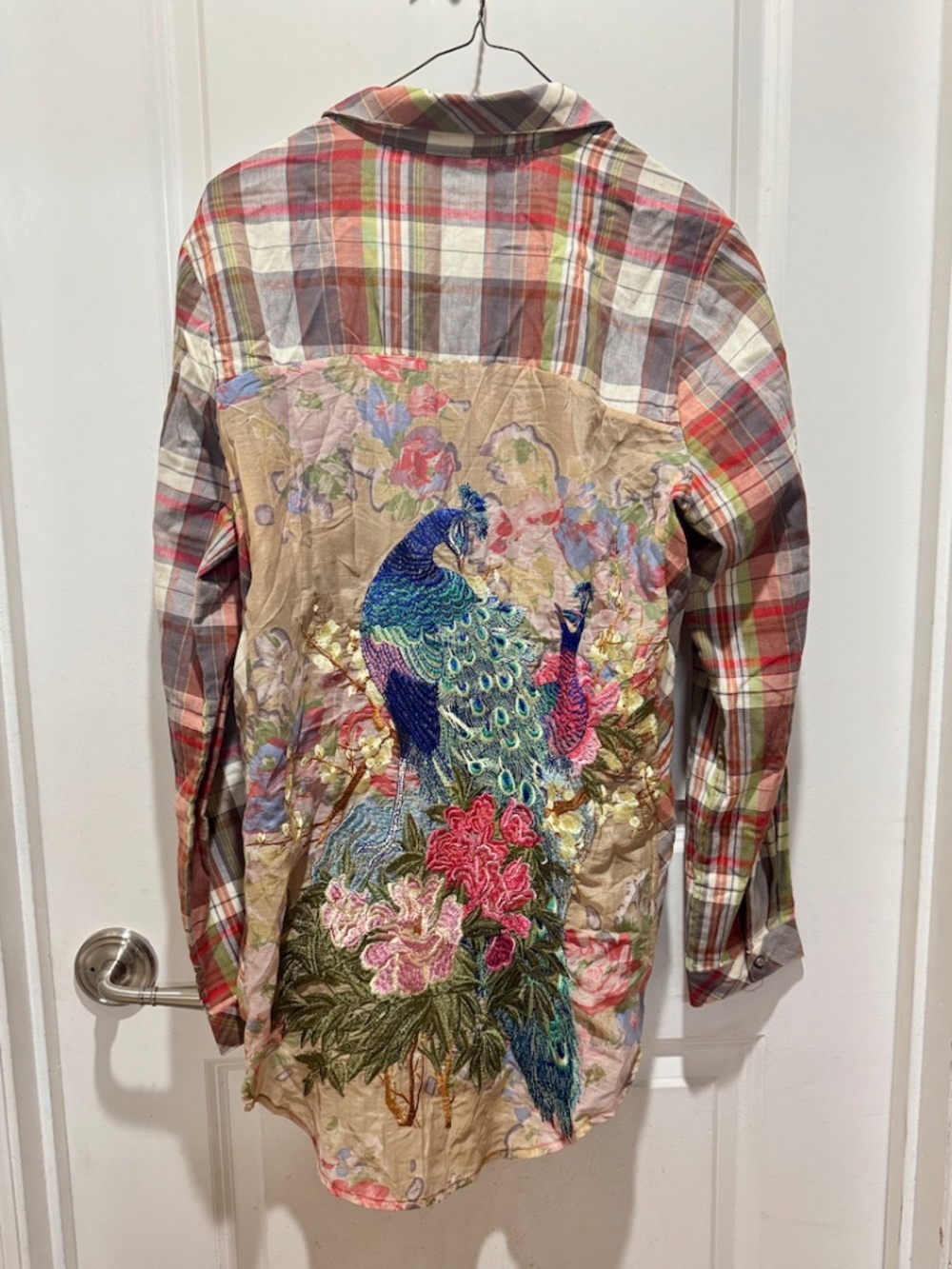 Aratta Silent Journey Magical Peacock Plaid Embroidered Shirt Blouse